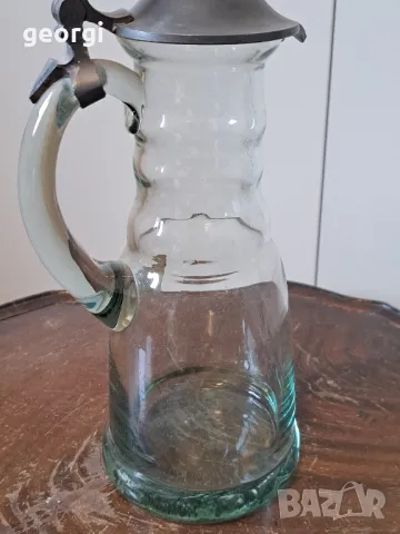Стара немска стъклена гарафа, декантер с калаен похлупак 18/4, снимка 4 - Аксесоари за кухня - 49162792