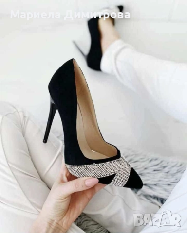 Черни дамски елегантни обувки с камъни , снимка 2 - Дамски елегантни обувки - 51700968