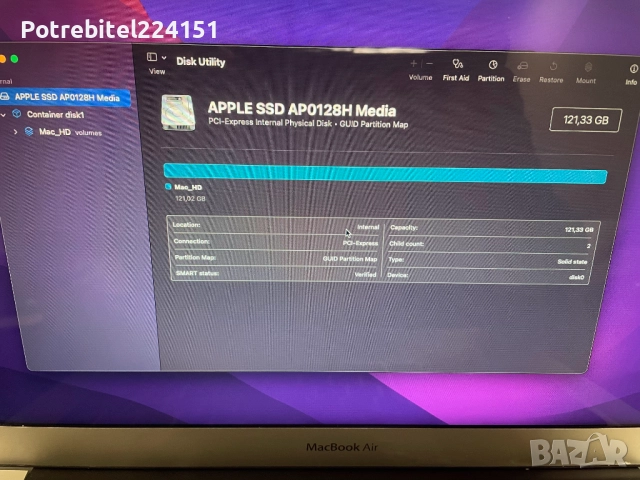 Apple MacBook AIr 13-inch 1.6GHz i5 8GB 128GB HDD 2015 лаптоп, снимка 4 - Части за лаптопи - 52436658