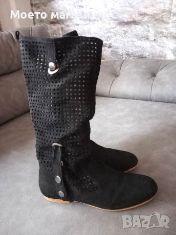 Дамски ботуши с перфорация – естествен велур, черни, № 38.5 - 39, снимка 5 - Дамски ботуши - 52114782