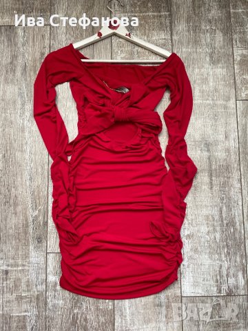 Нова червена елегантна парти коктейлна официална рокля миди midi дължина набрана , снимка 9 - Рокли - 42993679