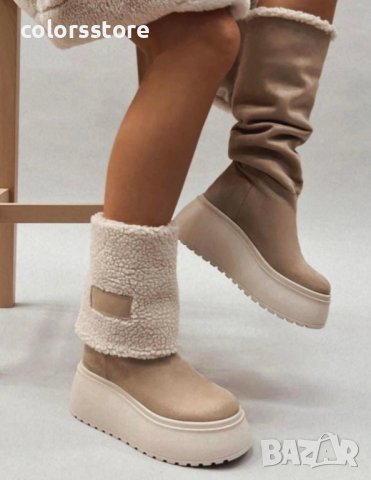 Боти на платформа - бежов велур - BPK1, снимка 2 - Дамски боти - 33638729