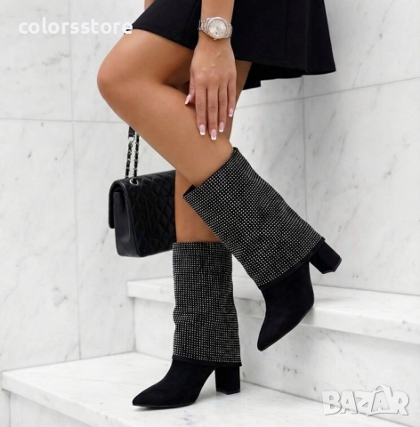 Боти на ток - черен велур с камъчета - BSL5 