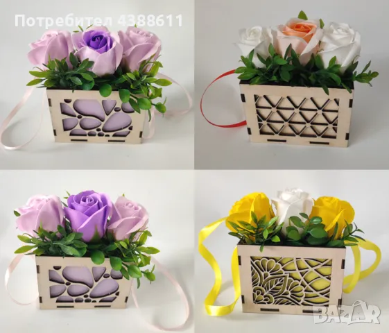Дървена кошничка със сапунени рози, снимка 5 - Декорация за дома - 50021822