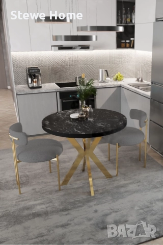 Кръгла маса за хранене 90x90 със златна основа и столове, снимка 3 - Маси - 52305046
