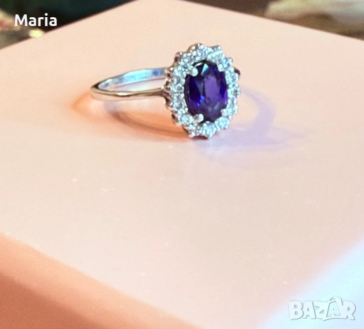 Дамски пръстен бяло злато , диаманти и сапфир, снимка 2 - Пръстени - 52470825