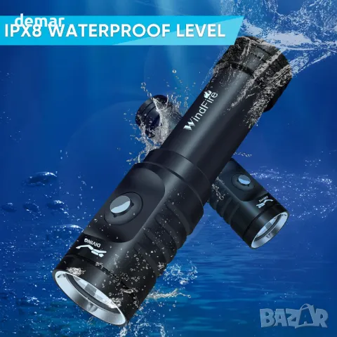 Фенер за гмуркане WindFire, фенер за гмуркане, IPX8, 3000 лумена с 3 режима и индикатор, снимка 5 - Водни спортове - 47801091