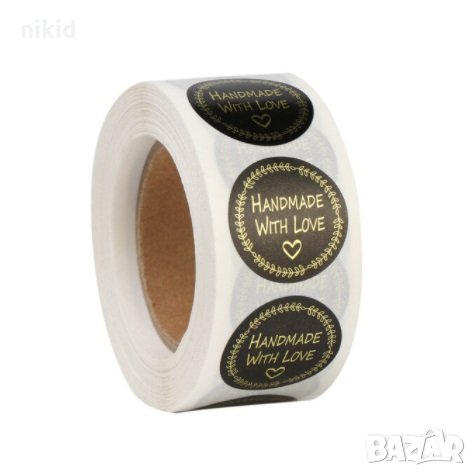 100 бр HandMade with Love ❤ черни малки самозалепващи лепенки стикери за ръчна изработка подарък