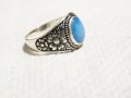 Стар Мъжки сребърен пръстен, Старинен красив сребърен пръстен със светло син кварц и красиви мотиви, снимка 1