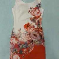 Луксозна рокля- бяла във високата част и червена в долната част с принт от рози диагонална граница, снимка 2 - Рокли - 37259269