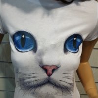 Страхотна нова дамска тениска с 3D принт котка със сини очи, снимка 7 - Тениски - 28344647