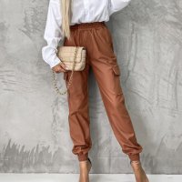 Дамски кожени панталони с прав крачол с прав ластик на талията, 2цвята, снимка 5 - Панталони - 43718611