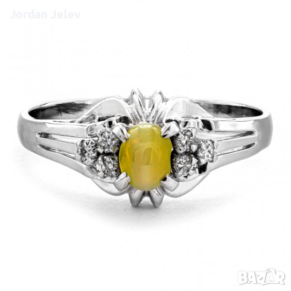 Платинен пръстен с естествен камък Котешко око и Диаманти, снимка 1