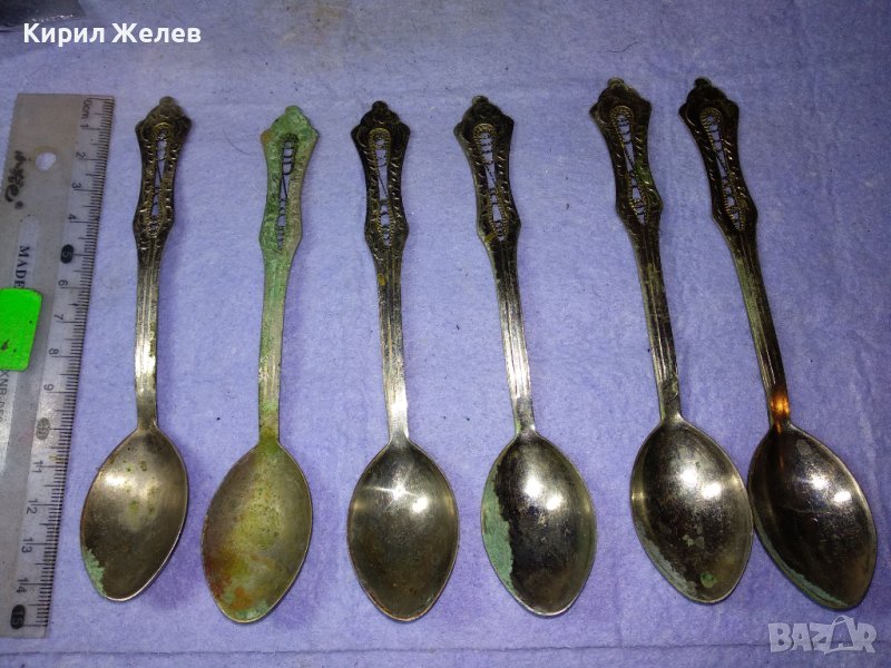 КОМПЛЕКТ 6 Стари РУСКИ БРОНЗОВИ ДЕБЕЛО ПОСРЕБРЕНИ ЛЪЖИЦИ с ФИЛИГРАННА ОРНАМЕНТИКА 42197, снимка 1