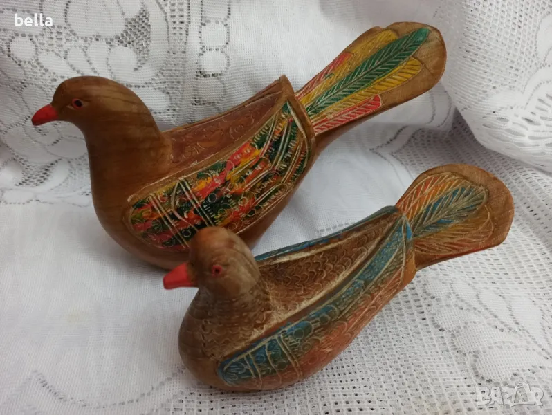 ПРОМО ОБЯВА Комплект 2  стари масивни дървени птици дърворезба ръчно рисувани красиви цветове, снимка 1