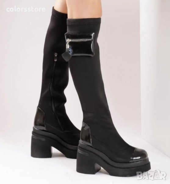 Ботуши на ток - черен стреч и лак - BD100, снимка 1