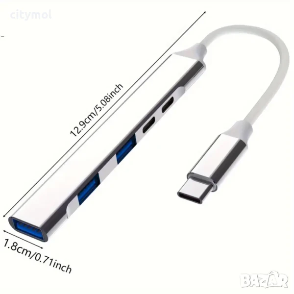 TYPE C Хъб с 3 x USB3.0 5Gbps + 2 TYPE C порта, пренос на данни, мулти сплитер за PC, лаптоп, смартф, снимка 1