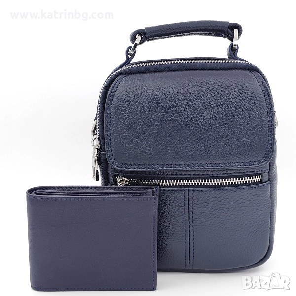 Подарък за мъж – чанта и портфейл в синьо | Подаръчен комплект от естествена кожа, снимка 1