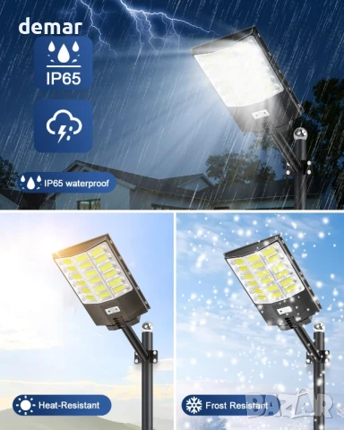 Worshow Соларна улична лампа 1000W, сензор за движение - 864LED 6500K, дистанционно, IP65, снимка 6 - Соларни лампи - 51157192