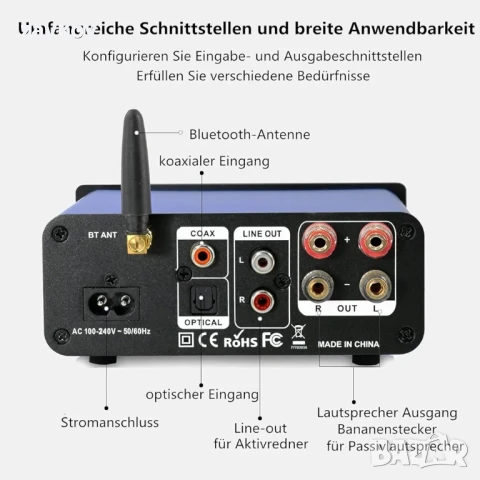 200W HiFi усилвател с Bluetooth/оптичен вход/коаксиален вход/USB/AUX вход, снимка 4 - Друга електроника - 50714831