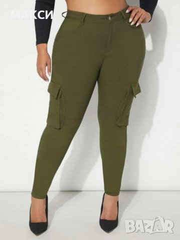 Макси модерен еластичен панталон с висока талия и ефектни джобове в маслено зелено, снимка 3 - Панталони - 39494803