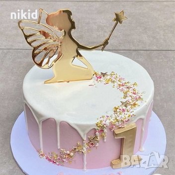 Златна Фея с роза вълшебна пръчка твърд акрил топер за торта украса декор парти, снимка 2 - Други - 35264069