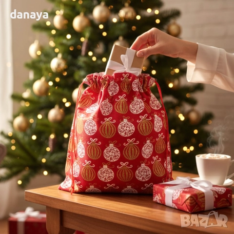 6250 Коледно чувалче за подаръци декоративна текстилна торбичка, 35x30 см, снимка 3 - Декорация за дома - 52177401