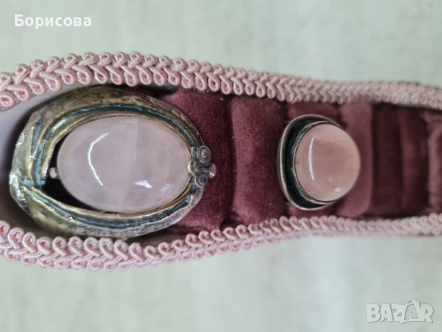 Сребърен комплект - пръстен и брошка с розов кварц, снимка 12 - Бижутерийни комплекти - 38999370