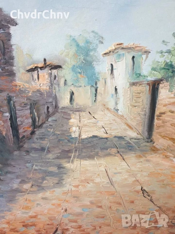 150х89см/стара голяма картина масло върху платно/испанско село-каменни къщи/барокова дървена рамка, снимка 5 - Картини - 50978446