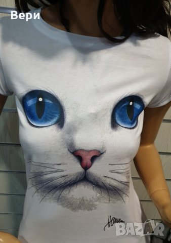 Страхотна нова дамска тениска с 3D принт котка със сини очи, снимка 7 - Тениски - 28344647