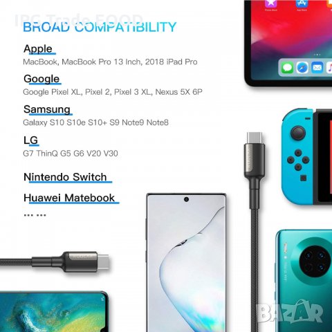Кабел USB C към USB C 60W PD/QC3.0 20V/3A - бързо зареждане , снимка 2 - USB кабели - 28765396
