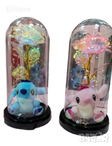 Пластмасова роза с кристален ефект в стъклен купол със Стич и LED светлини, снимка 6 - Други стоки за дома - 52744085