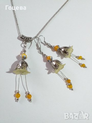 Прелестен комплект бижута с цветя,  жълт Авантюрин и жълт седеф и красиви орнаменти в цвят Сребро , снимка 5 - Бижутерийни комплекти - 38958081