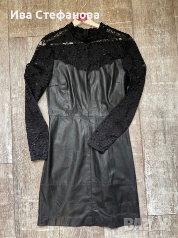 🤩 Wow 🤩 Нова елегантна парти коктейлна кожена черна къса рокля кожа дантела ONLY Only