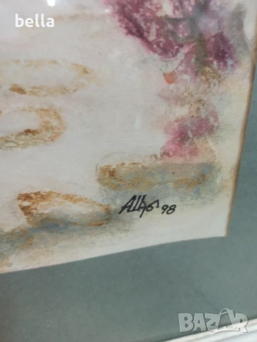 Рамкиран акварел с паспарту на художника Ангел Шарлиев -Първи сняг в Боженци., снимка 3 - Антикварни и старинни предмети - 50554306