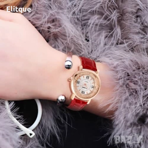 Дамски ръчен часовник с кръгъл циферблат с камъни и к. каишка. бял, червен, лилав, син, черен, розов, снимка 9 - Дамски - 52819449