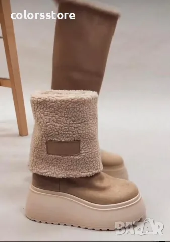 Боти на платформа - бежов велур - BPK1, снимка 2 - Дамски ботуши - 48005989