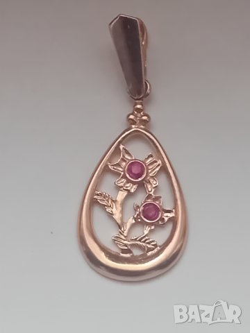 Антикварен руски златен медальон цветя с рубинчета, снимка 4 - Колиета, медальони, синджири - 43292093