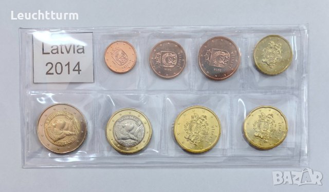 Пълен сет евромонети Латвия 2014 год. от 1 цент до 2 евро