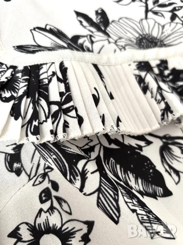 Разпродажба! Нова рокля до коляното разкроена с дълъг ръкав с флорални мотиви черно и бяло елегантна, снимка 9 - Рокли - 50760296
