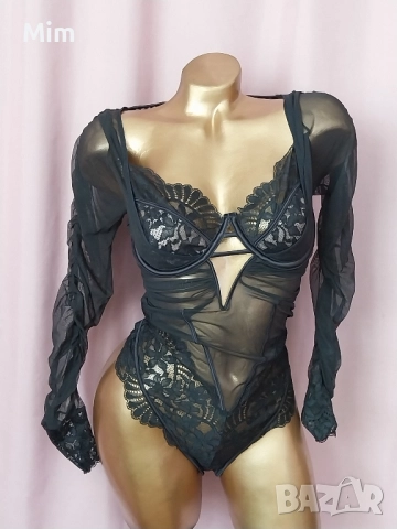  Резервирани NOIR 80 C Черно дантелено боди с дълъг ръкав , снимка 3 - Корсети, бюстиета, топове - 52531566