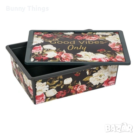 Пластмасова кутия за съхранение с капак – сив флорален десен, 25 литра, снимка 2 - Други стоки за дома - 53417694