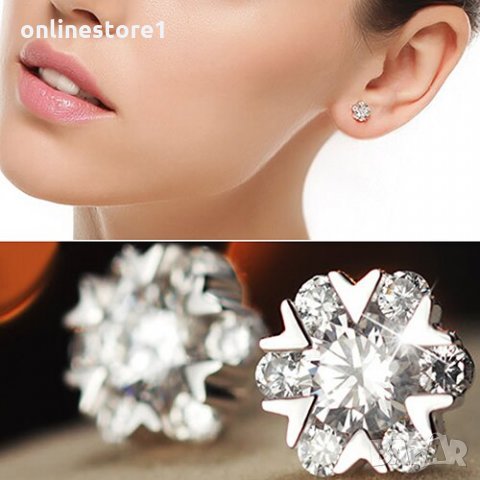 Сребърни Обеци Искряща Снежинка - 925 печат сребро BA221, снимка 7 - Обеци - 28147744