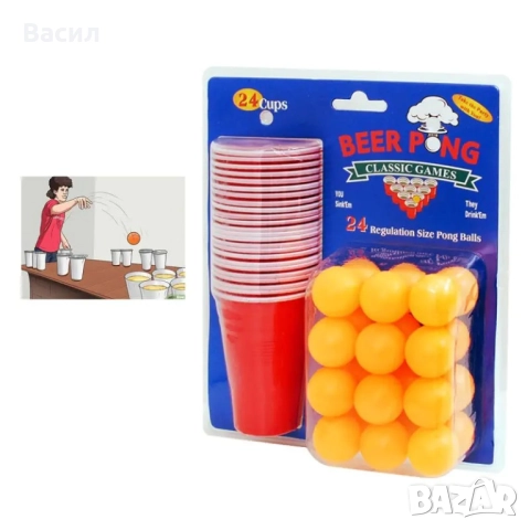 BEER PONG Занимателна игра с 24 броя чаши и 24 броя пинг-понг топчета, снимка 1