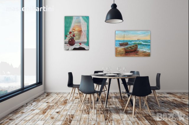 Ваза с полски цветя на перваза на фона на морския залез маслена картина, снимка 3 - Картини - 37347752