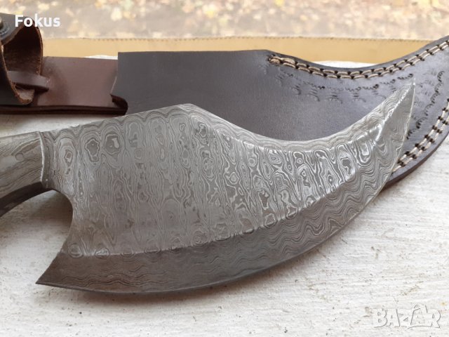 Страхотен нож брадва сатър дамаска стомана нов кожена кания, снимка 3 - Антикварни и старинни предмети - 38286250