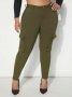 Макси модерен еластичен панталон с висока талия и ефектни джобове в маслено зелено, снимка 3