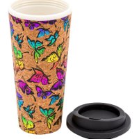 Чаша за кафе, с корк и капак, с пеперуди, 500 мл, снимка 1 - Чаши - 43883660