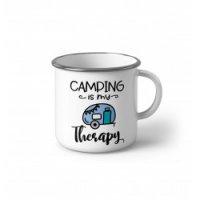 Метално Емайлирано Канче "Camping Is My Therapy" Метално Канче.подарък,изненада,Повод,, снимка 1 - Чаши - 37144245