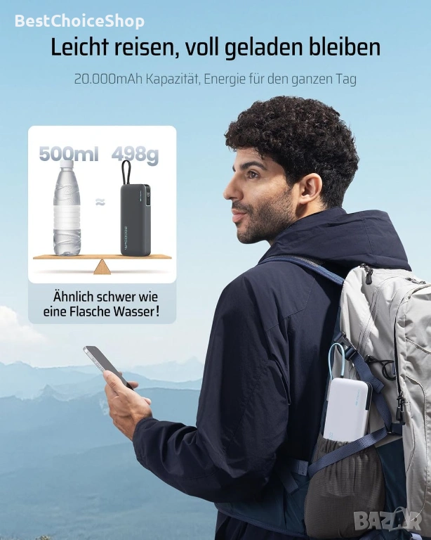 CUKTECH 45W 20000mAh Пауърбанк с Вградени Кабели, Бързо Зареждане – USB C Портативно Зарядно, снимка 1